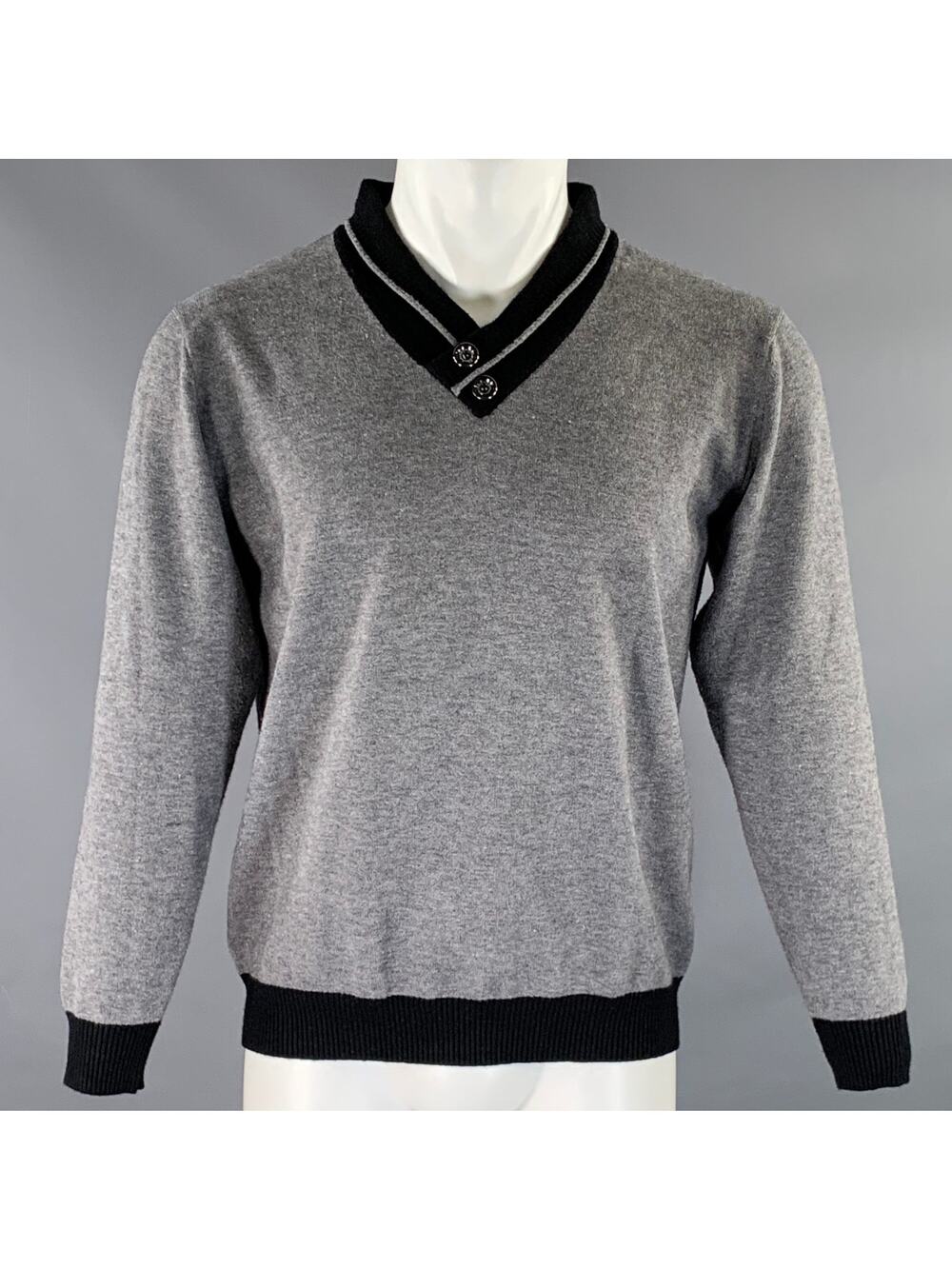 KITON Size M Gray Black Knitted Cashmere Silk V-Neck Pullover